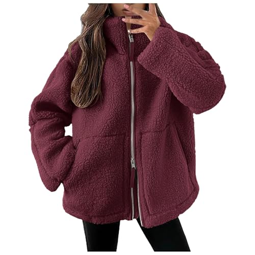 Teddy Mantel Damen Teddy - Mantel Warm Freizeit Oversize Dicke Fleecejacke Winterjacke Plüschjacke Fleece Weich Einfarbig Teddymantel Fleecepullover College Jacke Rot S von Generisch