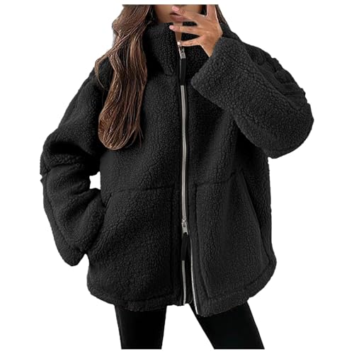 Teddy Mantel Damen Teddy - Mantel Warm Freizeit Oversize Dicke Fleecejacke Winterjacke Plüschjacke Fleece Weich Einfarbig Teddymantel Fleecepullover College Jacke Schwarz S von Generisch