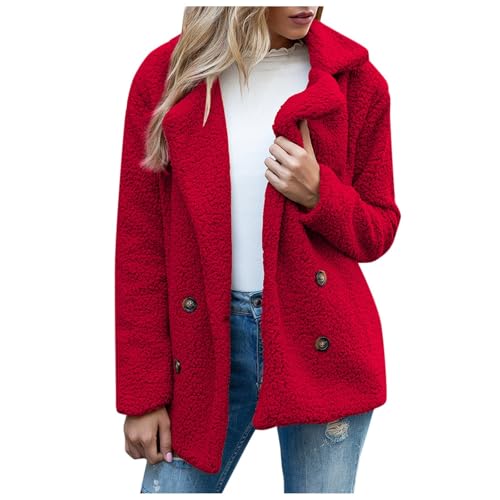 Teddyfleece Jacke Damen Teddy Jacke Damen Einfarbig Weich Freizeit Sherpa Teddymantel Fleecejacke Kuscheljacke Fleece Casual Mode Plüschjacke Übergangsjacke Mantel Jacke Rot 5XL von Generisch