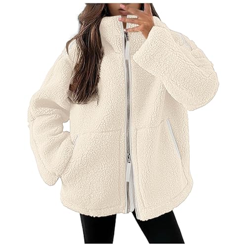 Teddyjacke Damen Flauschige Jacke Fleece Einfarbig Mit Taschen Dicke Fleecemantel Winterjacke Plüschjacke Weich Warm Mit Reißverschluss Teddymantel Fleecepullover Mantel Jacke Weiß#02 S von Generisch