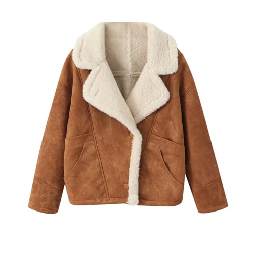 Teddyjacke Damen Retro lässige Jacke Warm Teddyfutter Mantel Übergangsjacke Gelb S von Generisch