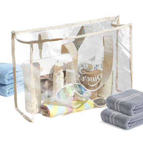 Transparente Tasche,Transparente Strandtasche | Klarsichtbeutel - Große transparente PVC-Tragetasche für den Außenbereich, Pool, langer Schultergurt, transparente wasserdichte Tasche mit Stoffbesatz f von Generisch