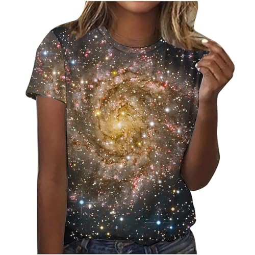 Tshirt Damen Galaxie Drucken Tops Teenager mädchen T-Shirt Bluse Kurzarm Shirt Glitter Girls Kleidung Sport Tshirt mädchen Khaki M von Generisch