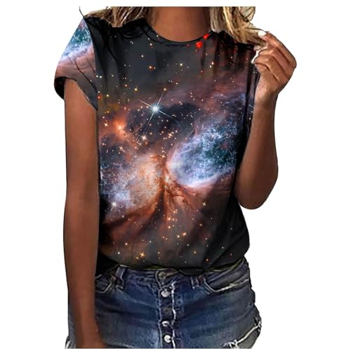 Tshirt Damen Galaxie Drucken Tops Teenager mädchen T-Shirt Bluse Kurzarm Shirt Glitter Girls Kleidung Sport Tshirt mädchen Orange L von Generisch