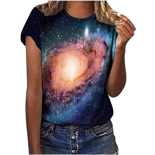 Tshirt Damen Galaxie Drucken Tops Teenager mädchen T-Shirt Bluse Kurzarm Shirt Glitter Girls Kleidung Sport Tshirt mädchen Violett XL von Generisch