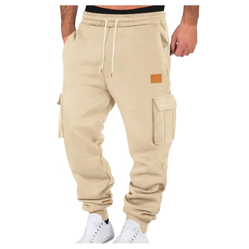 Warehouse Deal retourenware Herren Jogginghose Baumwolle Trainingshose Sporthose Freizeithose Lang Hosen Klassische Sweathose Mit Taschen Herbst Und Winter，Lederetikett XL Khaki von Generisch