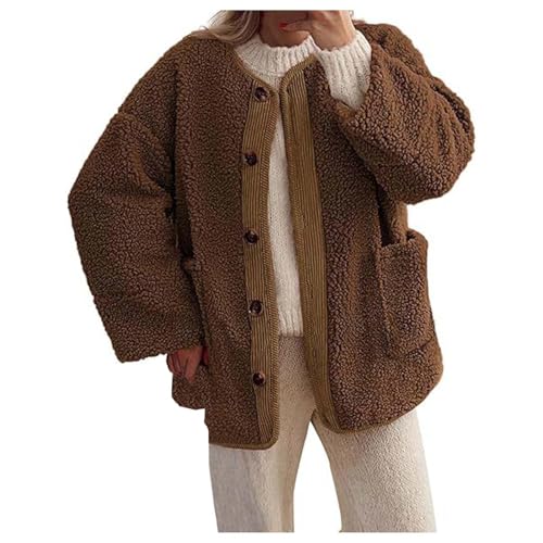 Warme Wintermäntel für Damen, lässig, langärmelig, geknöpft, Flauschige Sherpa-Fleece-Jacken, Oberbekleidung Braun XXL von Generisch