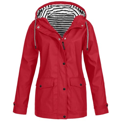 Wasserdichte Damen-Jacke für Herbst und Winter, Outdoor-Sport, mit Kapuze, 2024, leicht, Übergröße, Windbreaker (Rot, M) von Generisch