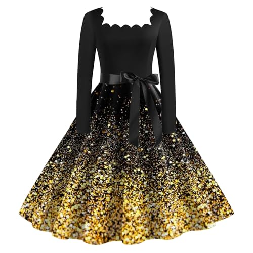 Weihnachten Kleid Damen Sexy Cocktailkleid mit Rundhals - Party Kleid Langarm A-Linie großen Rock Cocktailkleid Vintage Weihnachtlich Bedruckt Karneval Xmas Kostüme von Generisch