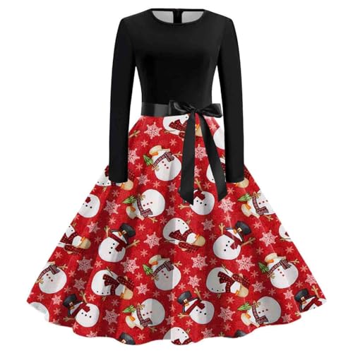 Weihnachten Kleid Damen Sexy Cocktailkleid mit Rundhals - Party Kleid Langarm A-Linie großen Rock Cocktailkleid Vintage Weihnachtlich Bedruckt Karneval Xmas Kostüme von Generisch