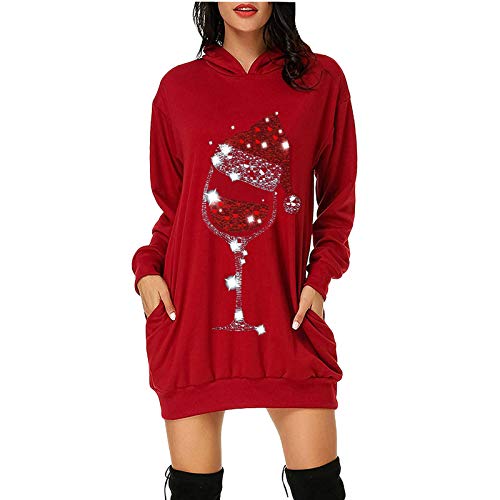 Weihnachts Kleid Damen Elegant Rentier Druck Partykleid - Langarm Kapuzenpullover Weihnachten Pullover Sweatshirt Baumwolle Weihnachtspulli mit Taschen von Generisch