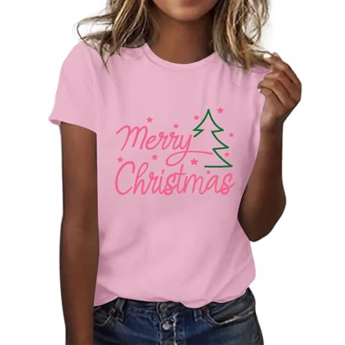 Weihnachts Tshirt Damen Weihnachtsoutfit Lustige Tshirts Nikolaus Kostüm Christmas Shirt Drucken Weihnachten Lustig Weihnachtshemd Rosa,XL von Generisch