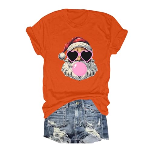 Weihnachtsbluse Damen Weihnachtsshirt Lustige Tshirts Kurzarm Weihnachts Kleidung T Shirts Shirt Weihnachten Rundhalsausschnitt Orange,M von Generisch