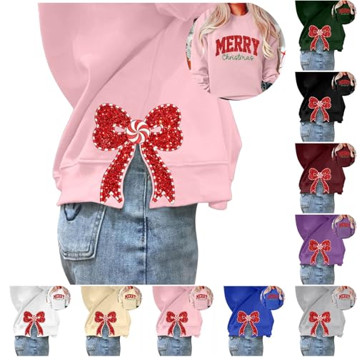 Weihnachtspullover Damen, Seitenschlitzen Weihnachten Sweatshirt mit Schleifen Print Ugly Christmas Shirt Weihnachtspulli Langarm Rundhals Weihnachtsshirt Oberteile für Frauen Teenager Mädchen von Generisch