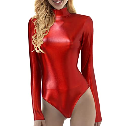 Wetlook Body Turnanzug Metallic Body Damen Lack Anzug Latex Leder Body Damen Lederbody Glitzerbody Oberteil Damen Rot S von Generisch