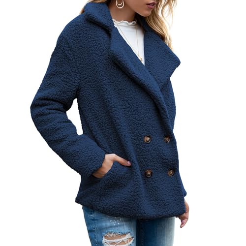 Winterjacke Damen Teddy Fleecejacke Elegant Weich Fleece Teddymantel Winterjacke Kuscheljacke Winter Freizeit Mit Taschen Teddyjacke Kuschelpullover Mantel Jacke Blau 4XL von Generisch