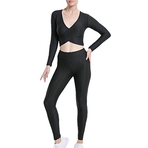 Workout Set Damen, Sport Set Damen 2 Teiler Yoga Outfit - Gym Langarm Activewear-Sets Kurz Sommer Baumwolle Workout Nahtloses Trainingsanzug Jogginganzug Freizeitanzug von Generisch