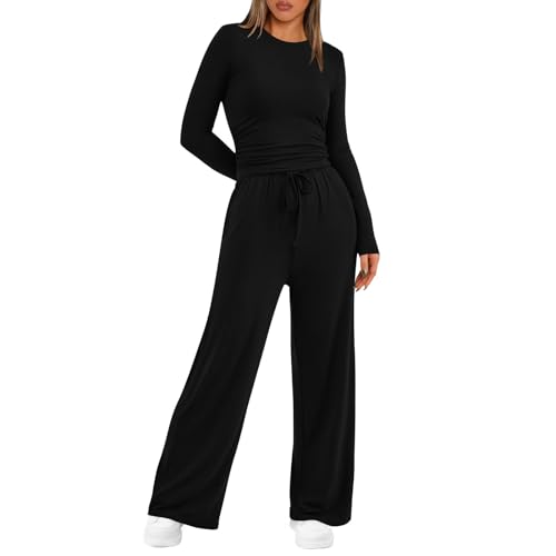 Zweiteiler Damen Bequeme einfarbige Hausanzug Lounge Set, langärmeliges Top, High Waist Weite Beinhose, Zweiteiliges Set, Yoga Trainingsanzug Schwarz XXL von Generisch