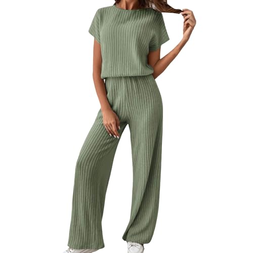 Zweiteiliges Damen-Lounge-Set Aus Geripptem Strick Damen 2 Stück Strickanzug Aus Kurzarm Strick Pullover Tops Wide Leg Hosen Sportanzug Weiche Bequeme Freizeit Outfit Grün,M von Generisch