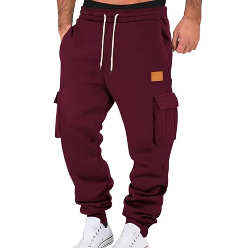 b Ware Herren Jogginghose Baumwolle Trainingshose Sporthose Freizeithose Lang Hosen Klassische Sweathose Mit Taschen Herbst Und Winter，Lederetikett XXL Rot von Generisch