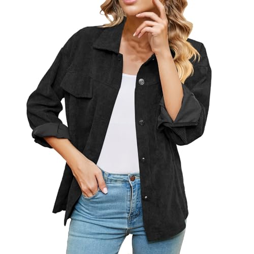 cord hemd damen, Cordhemd Damen Gefüttert Hemdjacke - Shirtjacke Cord Flanellhemd Oversize Longbluse Tasche Cordjacke Streetwear Jacke V-Ausschnitt Kurz Button Down Langarmshirt Lässiges Corduroy Frei von Generisch