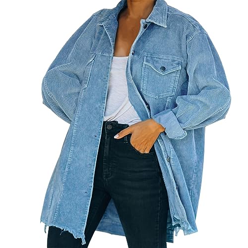 cordjacke damen gefüttert, Hemdjacke Damen Tasche Cord Jacke - Winterjacke Knöpfen Übergangsjacken Winter Cordhemd Übergangsmantel Oversize Hemdblusenkleid Musselin Bluse Shirt Elegant V-Ausschnitt Lo von Generisch