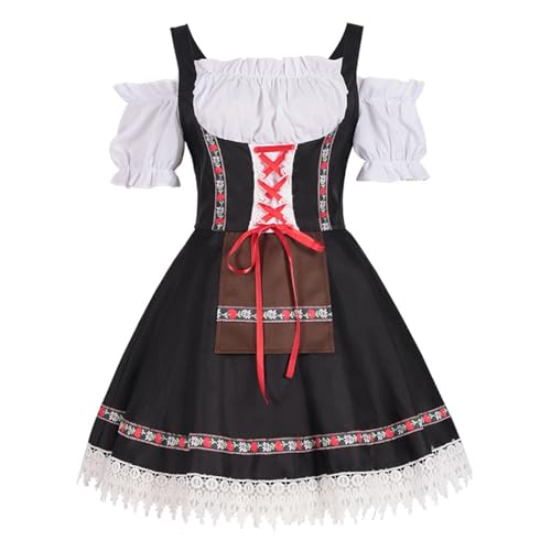 dirndlkleid damen, Dirndl Damen Trachten Trachtenkleid - Kostüm Schlicht Outfit Trachtenmode Hochgeschlossen Vintage Spitzenschürze Trachtenrock Kleid Dirndlbluse Dirndlschürze Oktoberfest Besondere A von Generisch