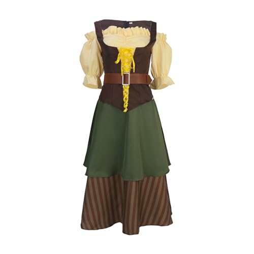 dirndlkleid damen, Dirndlkleid Damen Midi Dirndl - Trachtenkleid Große Größen Spitzenschürze Hochgeschlossen Dress Outfit Trachten Set Für Oktoberfest Dirndlbluse Bayerischen Karneval Halloween Cospla von Generisch