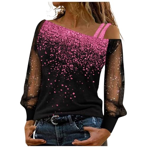 festliche oberteile damen, Glitzer Oberteile Damen Pailletten Elegant Silvester Outfit - Sexy Netzoberteil Festliche Glitzer Top Modern Casual Mit Frauen Glitzer Shirt Transparentes Party Oberteile La von Generisch