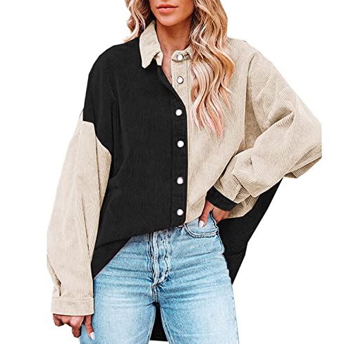 hemdbluse damen, Cord Jacke Damen Cordjacke - Shirtjacke Oversize Winterjacke Casual Hemdjacke Tasche Freizeithemd Streetwear Übergangsmantel Langarm Übergangs Einfarbig Fashion Jean Mantel Mit Tasche von Generisch