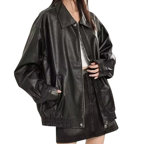 lederjacke damen, Jacke Damen Fruehling Lederjacke - Lederimitat Bomberjacke Einfarbige Frauen Kunstlederjacke Reißverschluss Wintermantel Kunstleder Farbvarianten Bikerjacke Übergangsjacke Damenjacke von Generisch