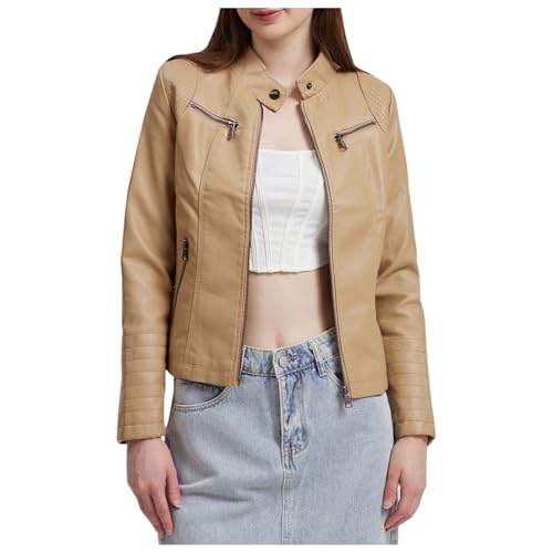 lederjacke damen braun, Kunstlederjacke Damen Fruehling Jacke - Winterjacke Kunstleder Einfarbige Damenjacke Frühling Herbstjacke Leder Motorradjacke Kurz Bikerjacke Reverskragen Motoradjacke Übergang von Generisch