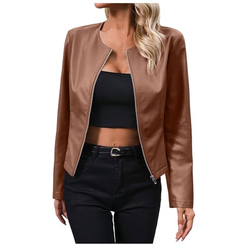 lederjacke damen braun, Kunstlederjacke Damen Leder Jacke - Übergangsjacke Einfarbige Frauen Winterjacke Leather Lederjacke Warm Mantel Schwarz Lang Braun Bomberjacke Oversize Bikerjacke Bomber Lederj von Generisch