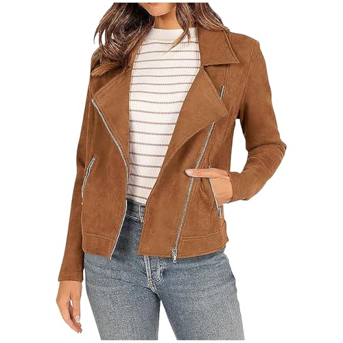 lederjacke damen braun, Kunstlederjacke Damen Motorrad Jacke - Ledermantel Reißverschluss Übergangsjacke Warm Lederjacke Leather Winterjacke Lederimitat Wintermantel Schwarz Lang Braun Bomberjacke Led von Generisch