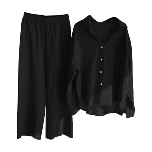 musselin set damen, Damen Zweiteiler sommer musselin Bluse set - Lässige Langarmshirt Revers Hemd Aus Baumwolle Und Leinen Mit Weitem Bein Und Lockerer hose Modischer hausanzug Freizeitanzug Leinen py von Generisch