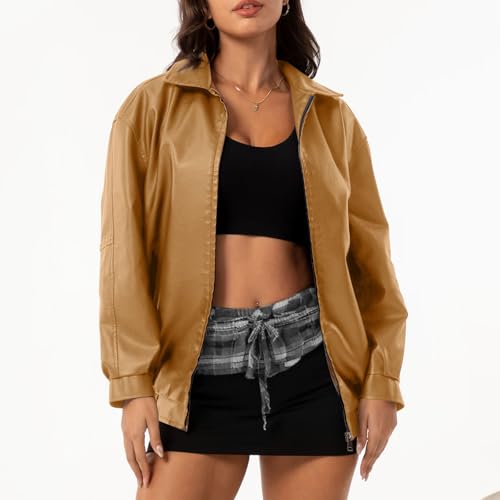 retourenkauf, Jacke Damen Motorrad Lederjacke - Lederimitat Herbstjacke Reißverschluss Kunstlederjacke Einfarbige Bomberjacke Leather Mantel Kunstleder Mit Kapuzen Große Größen Herbst Winter Langarm W von Generisch