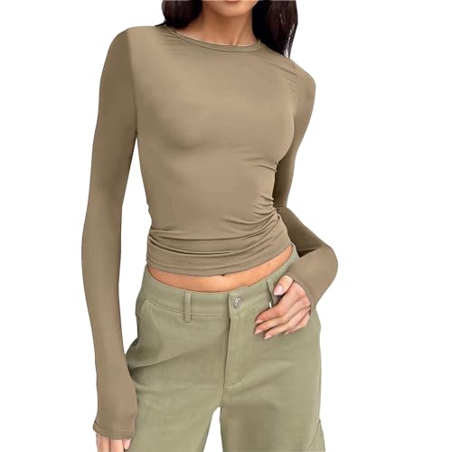 skims Dupe,Damen Langarmshirt,Slim Fit Einfarbig Langarm Shirt Elegant Sexy Crop Tops Y2k Clothes y2k Teenager mädchen Fashion Longsleeve für Frauen,B68B,Khaki,XS von Generisch