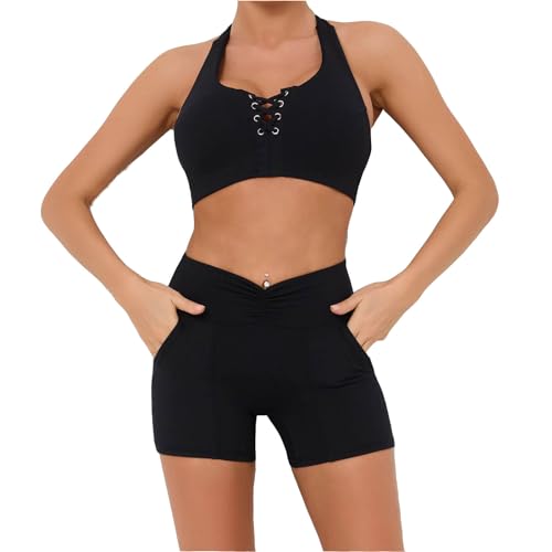 sportkleidung damen, Sportkleidung Damen 2 Teiler Sport Set - Activewear-Sets Yoga Kleidung Langarm Workout Mädchen Trainingsanzug Kurz Jogginganzug Sportset Fitness Outfit Oberteile Scrunch Shorts Se von Generisch