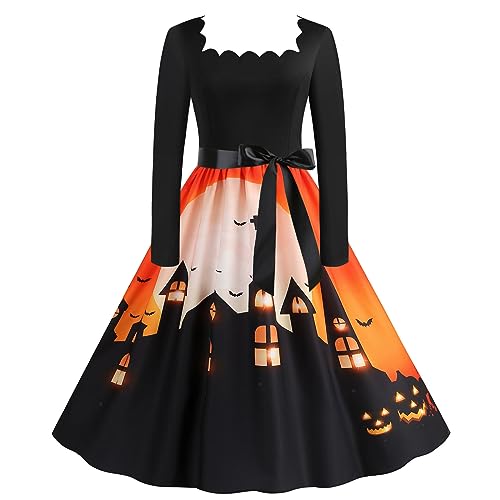 vintage kleidung damen, Halloween Kleid Damen Kostüm - Langarm Vintage Cocktailkleider Knielang Sexy Partykleid Festlich Kleider Ballkleid Swing Cocktailkleid Tunikakleid mit Gürtel Mittelalter Abendk von Generisch