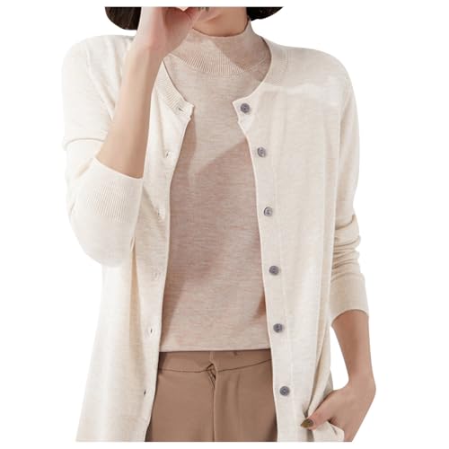 warme strickjacke damen, Strickjacke Damen Leichte Cardigan - Kuscheljacke Dünner Herbstmantel Elegant Grobstrick Bolerojacke Winter Strickmantel Einfarbig Offene Front Jacke Knöpfe Fleecejacke Langar von Generisch