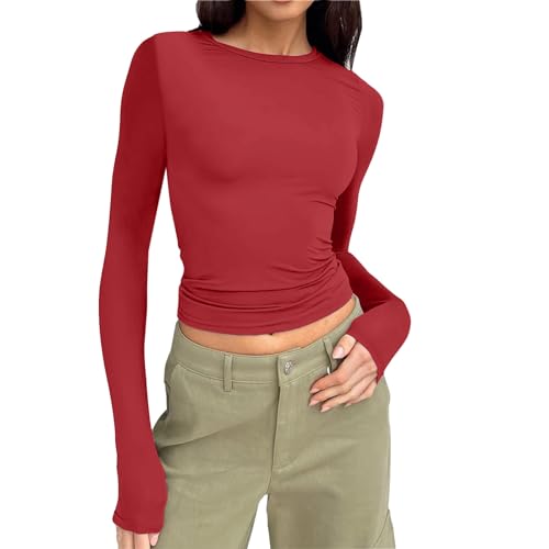 weisses Oberteil Damen,Damen Langarmshirt,Slim Fit Einfarbig Langarm Shirt Elegant Sexy Crop Tops Y2k Clothes y2k Teenager mädchen Fashion Longsleeve für Frauen,Rot,M von Generisch