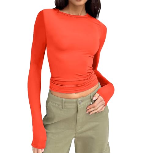 y2k top,Damen Langarmshirt,Slim Fit Einfarbig Langarm Shirt Elegant Sexy Crop Tops Y2k Clothes y2k Teenager mädchen Fashion Longsleeve für Frauen,Orange,XS von Generisch