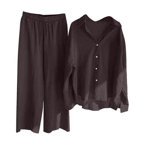 zweiteiler damen sommer, Damen Zweiteiler sommer musselin Bluse set - Lässige Langarmshirt Revers Hemd Aus Baumwolle Und Leinen Mit Weitem Bein Und Lockerer hose Modischer hausanzug Freizeitanzug Lein von Generisch