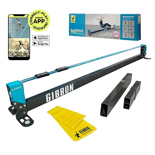 Gibbon Slacklines Slackrack Fitness Edition, grau/blau, Aufbaulängen: 2 oder 3 Meter, mit 2 Handgriffen, Stretchband und Übungsposter, Höhe: 30 cm, Breite: 2 Inch 5 cm von Gibbon Slacklines