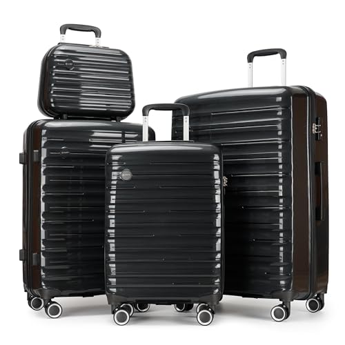 GinzaTravel Gepäck-Set, 4-teilig, PP-Hartschalen-Gepäck-Sets mit TSA-Schloss, große Koffer mit Spinnrädern, Schwarz, 4 Piece Sets(16in/20in/24in/28in) von GinzaTravel