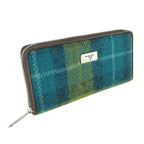 Glen Appin Harris Tweed Large Zip Purse LB2100 Staffa Color 114 Sea Blue and Green Check, Meeresblau/Grün von Glen Appin