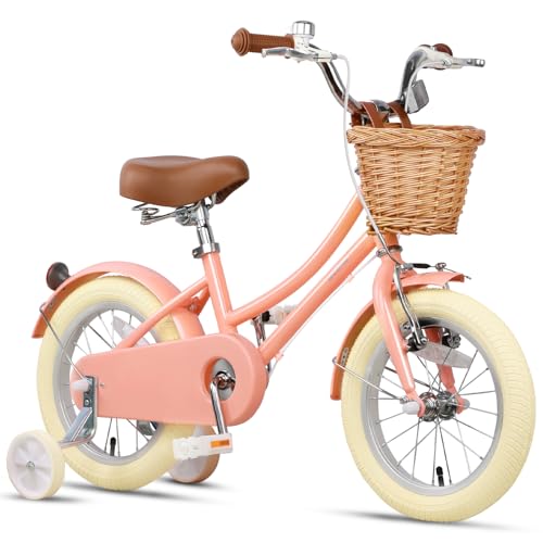 Glerc 12 Zoll Kinder Mädchen Fahrrad für 3 4 5 Jahre alt kleine Mädchen Retro Vintage-Stil Fahrräder mit Korb Training Räder und Glocke, Pfirsich von Glerc