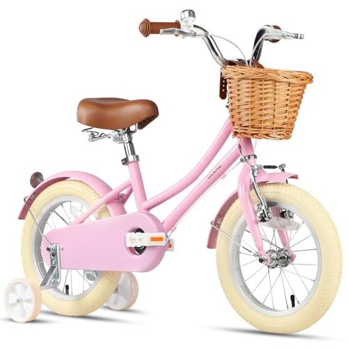 Glerc 12 Zoll Kinder Mädchen Fahrrad für 3 4 5 Jahre alt kleine Mädchen Retro Vintage-Stil Fahrräder mit Korb Training Räder und Glocke, Rosa von Glerc