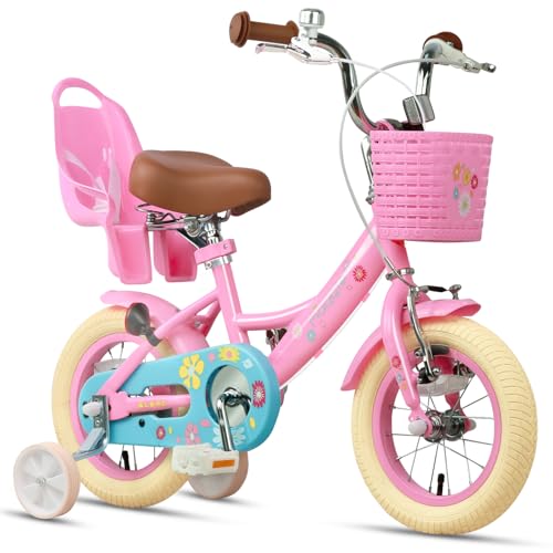 Glerc Maggie 12 Zoll Kinderfahrrad Alter 1 2 3 4 Jahre alt Mädchen Fahrrad Prinzessin Stil mit Puppen-Sitz & Korb & Stützräder & Glocke für Geburtstag,Rosa von Glerc