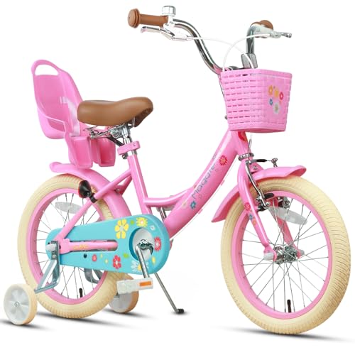 Glerc Maggie 14 Zoll Kinderfahrrad Alter 2 3 4 5 6 7 Jahre alt Mädchen Fahrrad Prinzessin Stil mit Puppen-Sitz & Korb & Stützräder & Glocke für Geburtstag, Rosa von Glerc